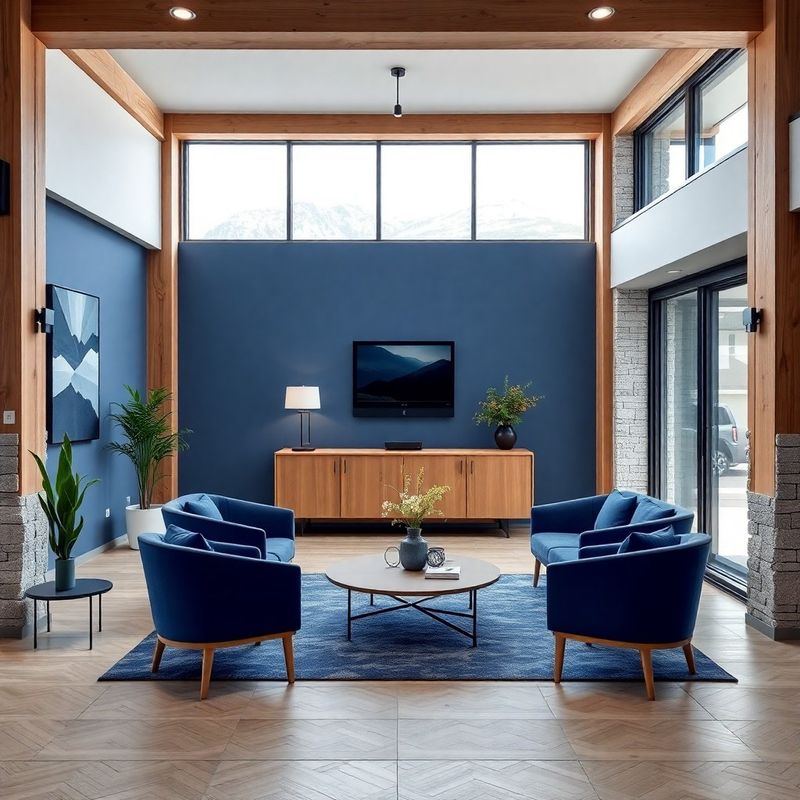 Recepcija pisarne Studia Vidmar z minimalističnim indigo pohištvom